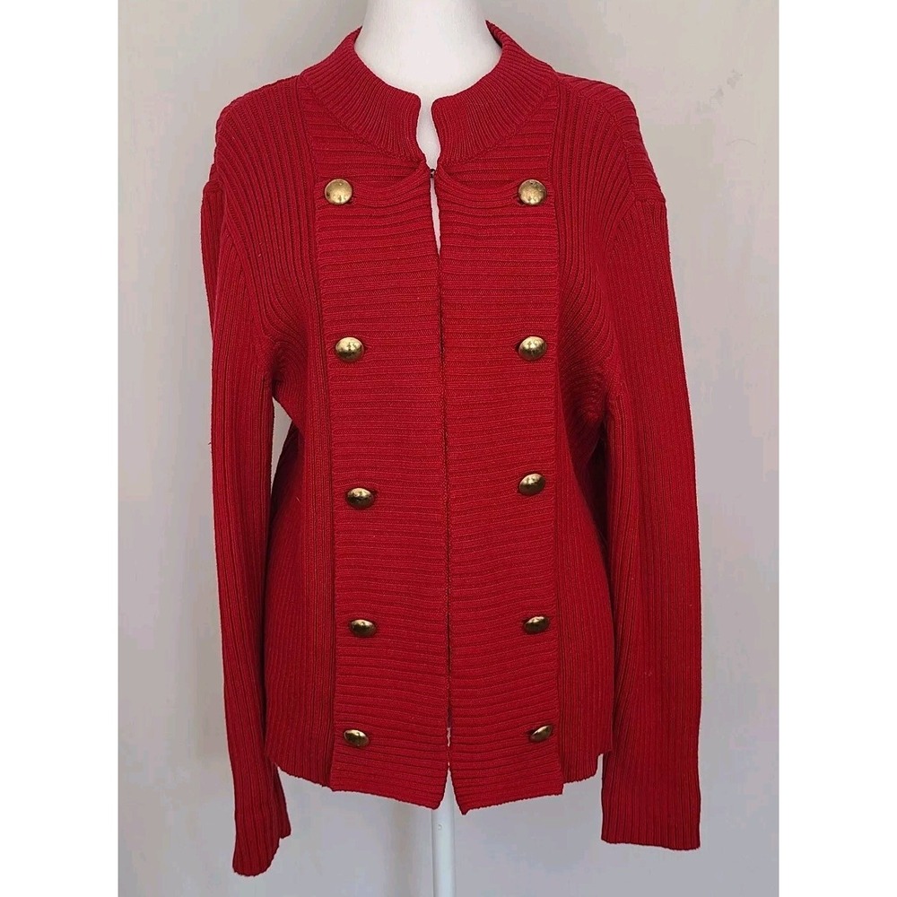 Chaps Womens Cosplay Double Breasted Military Cardigan X Large Red Chunky Ribbed